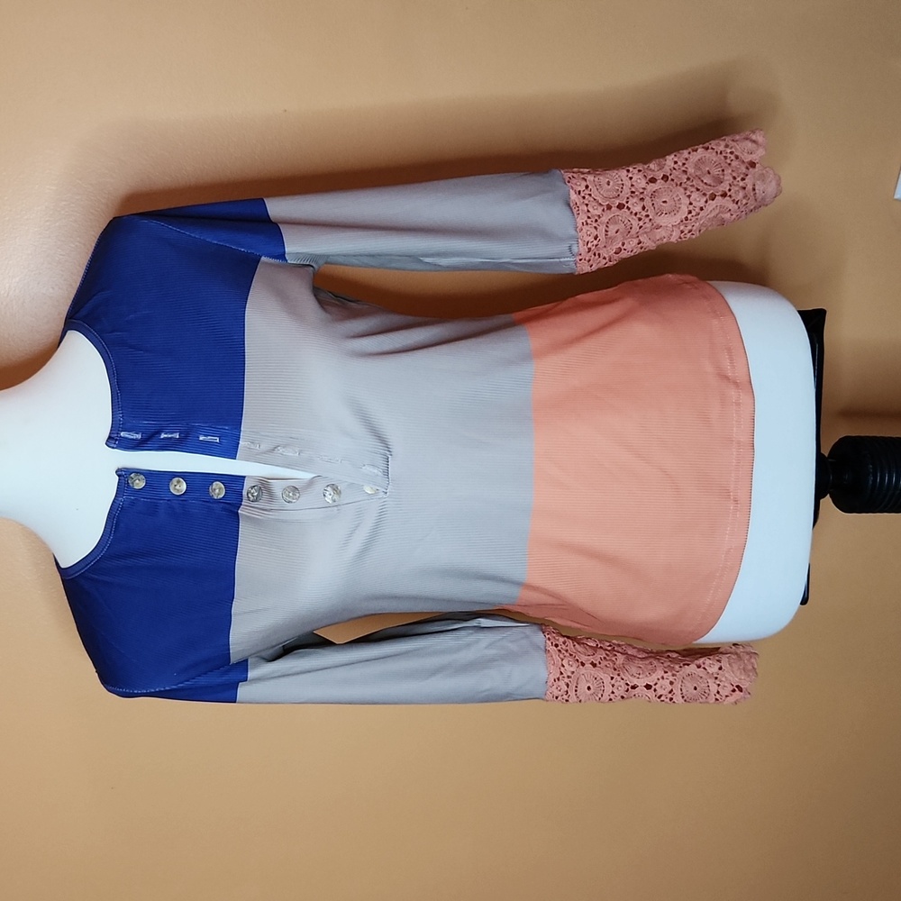 Colorblock Henley Long Sleeve Shirt with Lace Detail